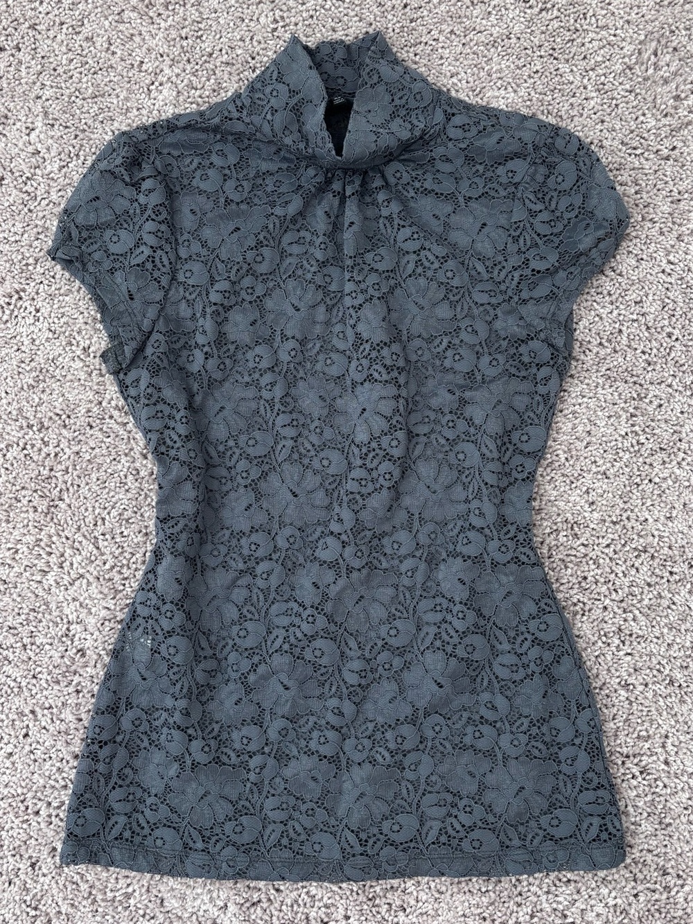 Express Dark Charcoal Lace Mock Neck Cap Sleeve Top